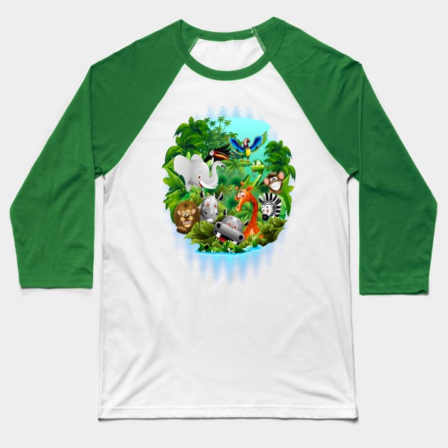 Wild Animals Cartoon on Jungle Baseball T-Shirt by BluedarkArt